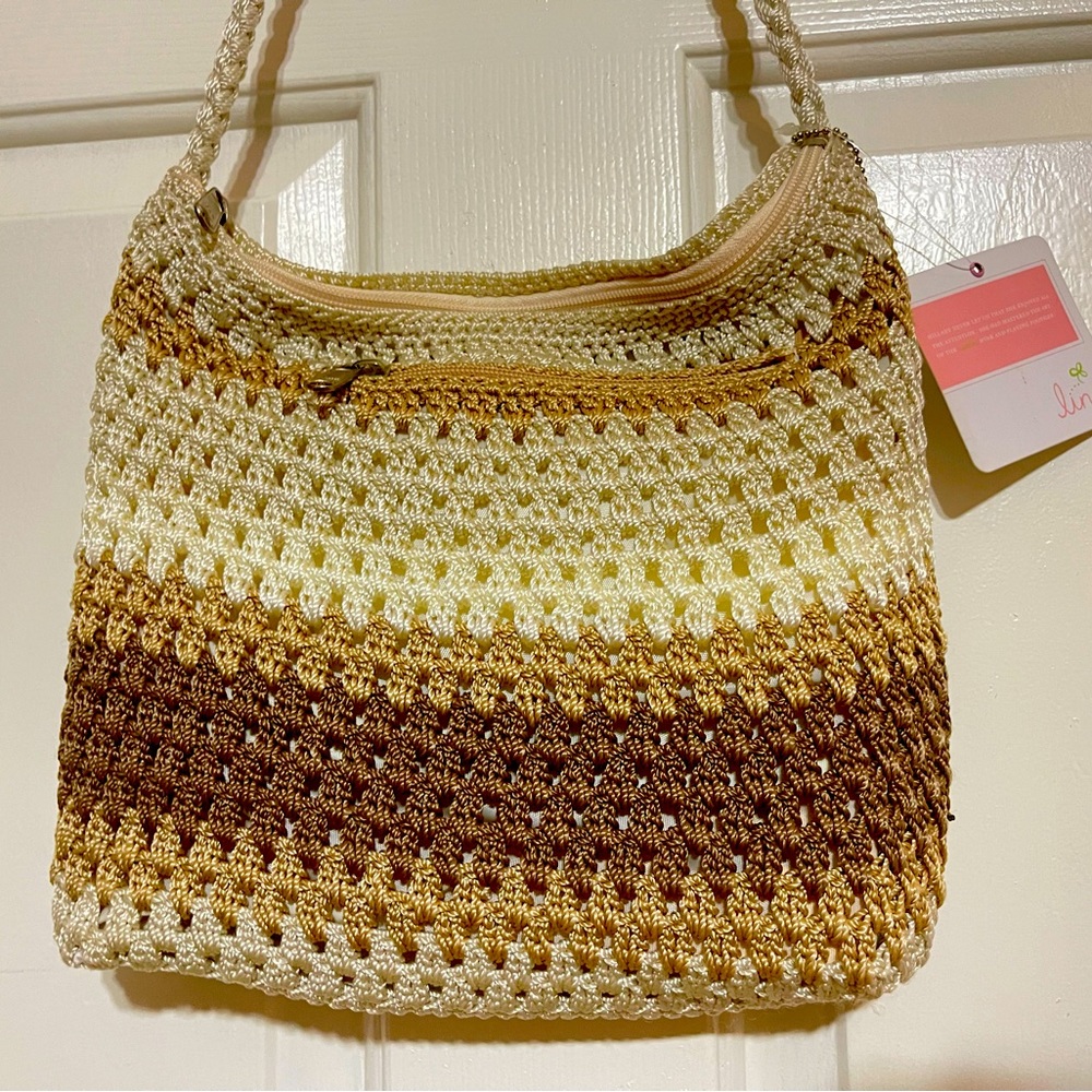 LINA Crochet Brown, Tan & Cream Handbag Purse Hobo Bag 12x10 W/Braided Strap NWT